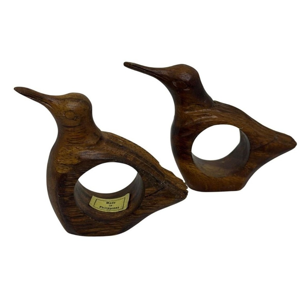 VTG Handcrafted Wooden Duck Napkin Rings Set of 2‎ Philippines Rustic Decor 4"